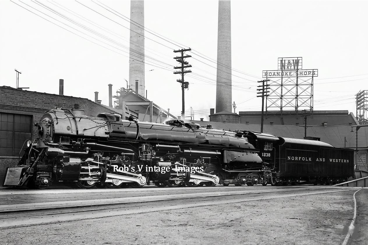 Norfolk and Western Photo Steam Locomotive 1238 Roanoke N&W Railroad Train 13x19