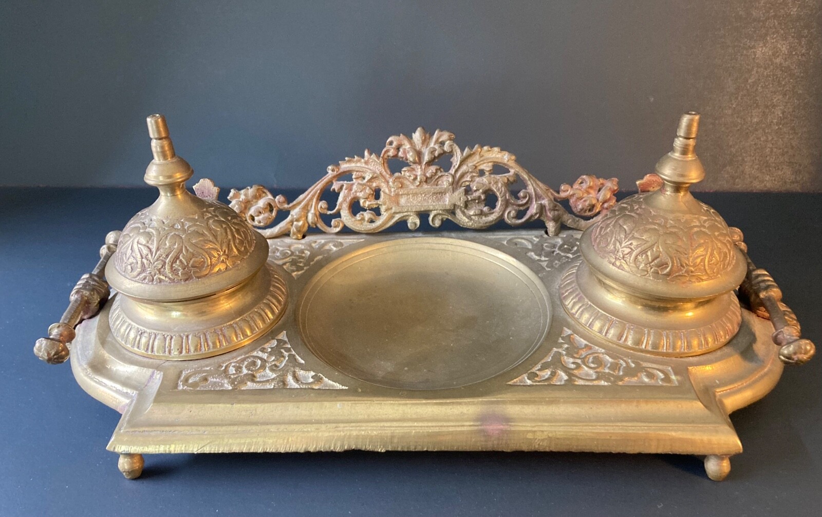 ANTIQUE ORNATE BRASS DOUBLE INKWELL ~ 11” Wide