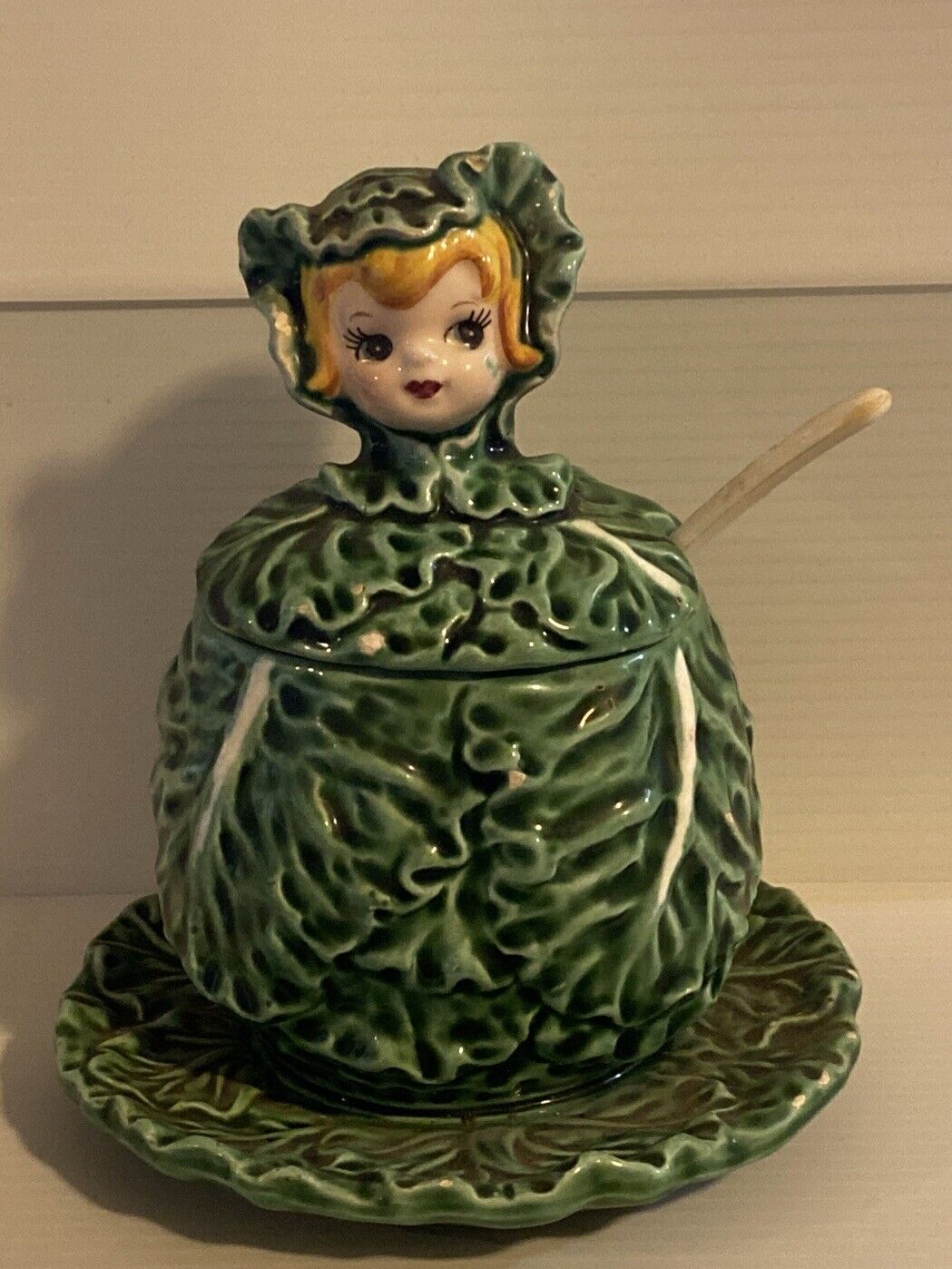 Vintage Lefton Rare Cissy Cabbage Cutie Anthropomorphic 1950’s Sugar Bowl Spoon