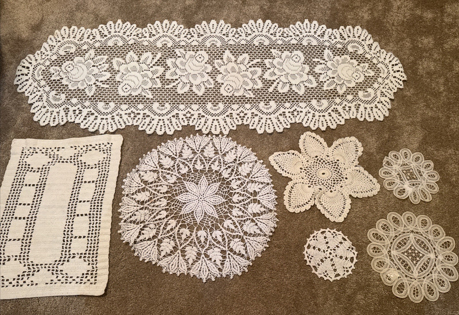 Vtg, 7 Beige Beautiful Handmade & Crochet Doilies