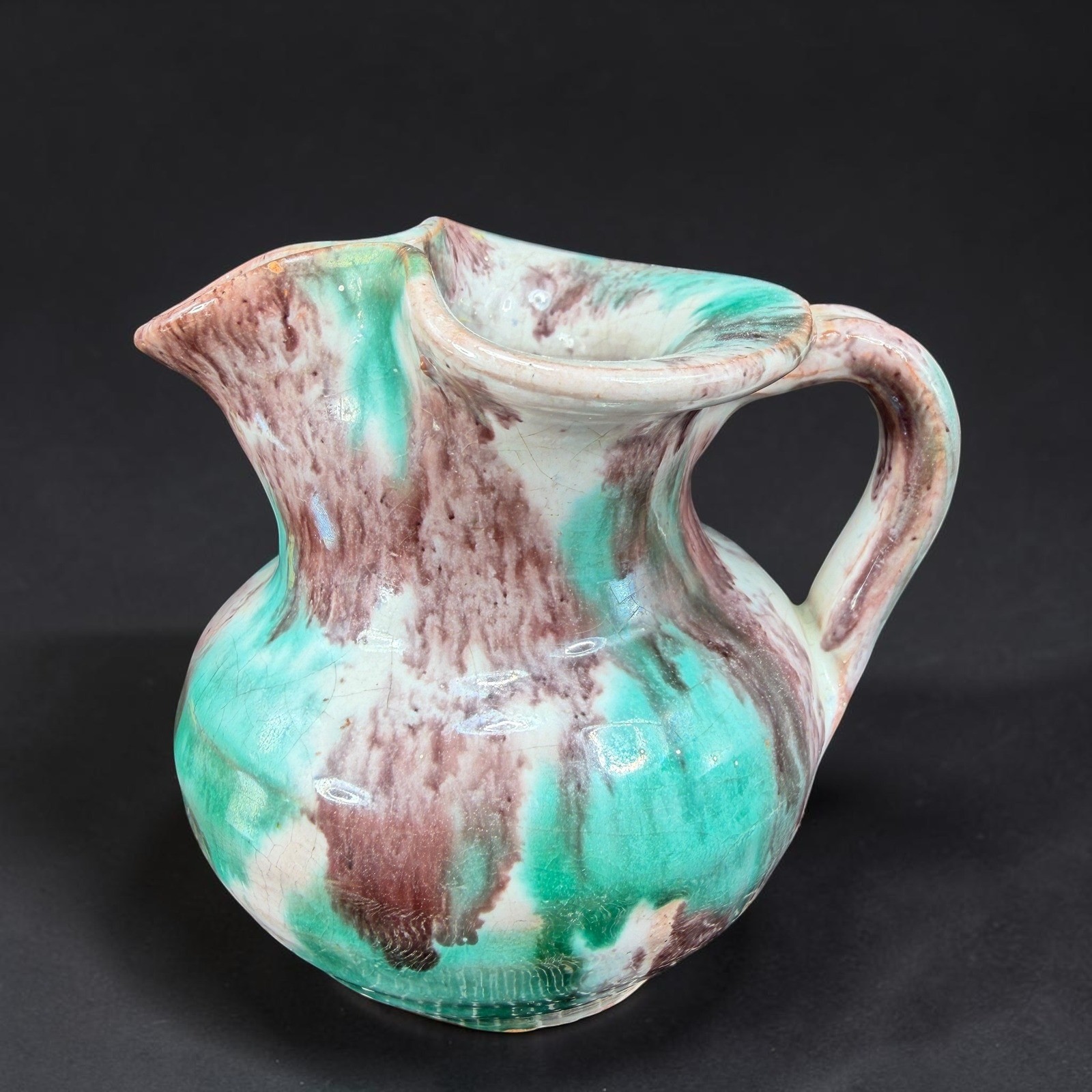 Vintage Studio Art Pottery Drip Glaze Pitcher Creamer Jug Small Ruffled Rim VTG Vintage Studio Art Pottery Drip Glaze Pitcher Creamer Jug Small Ruffled Rim VTG