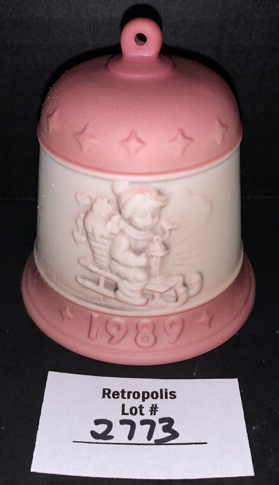 Vintage Ceramic Goebel Christmas Bell Pink White Child on Sleigh 1989