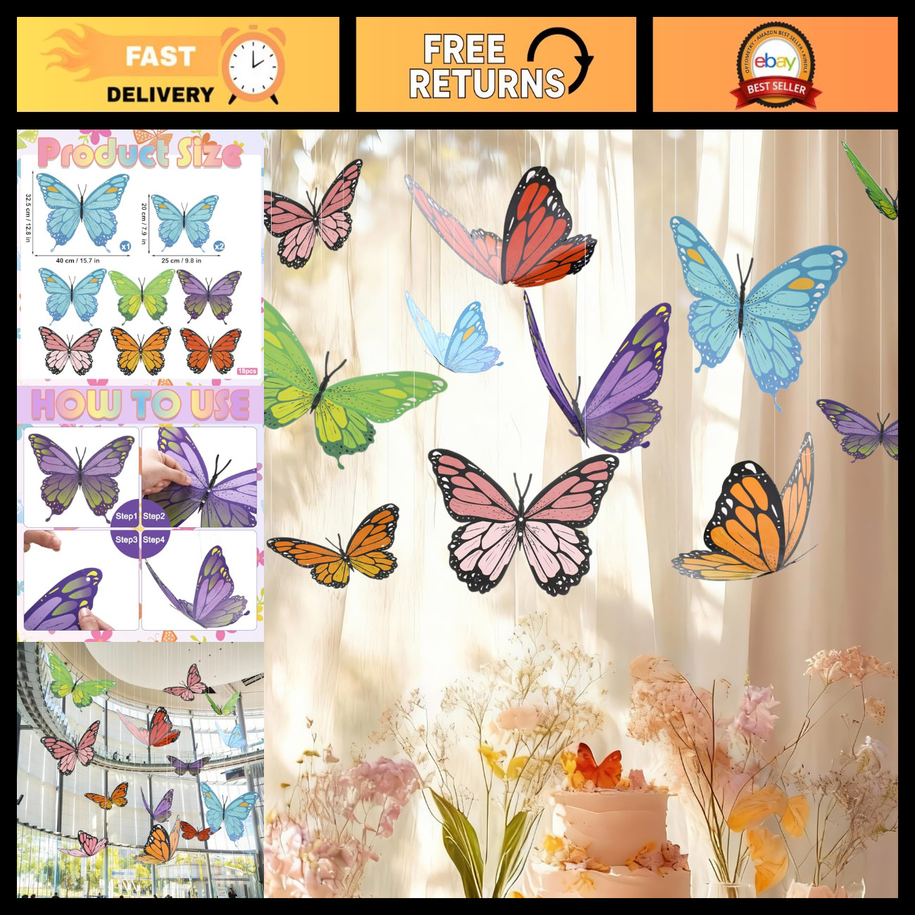 18 Pcs Large Butterfly Party Decoration 3D Realistic Hanging