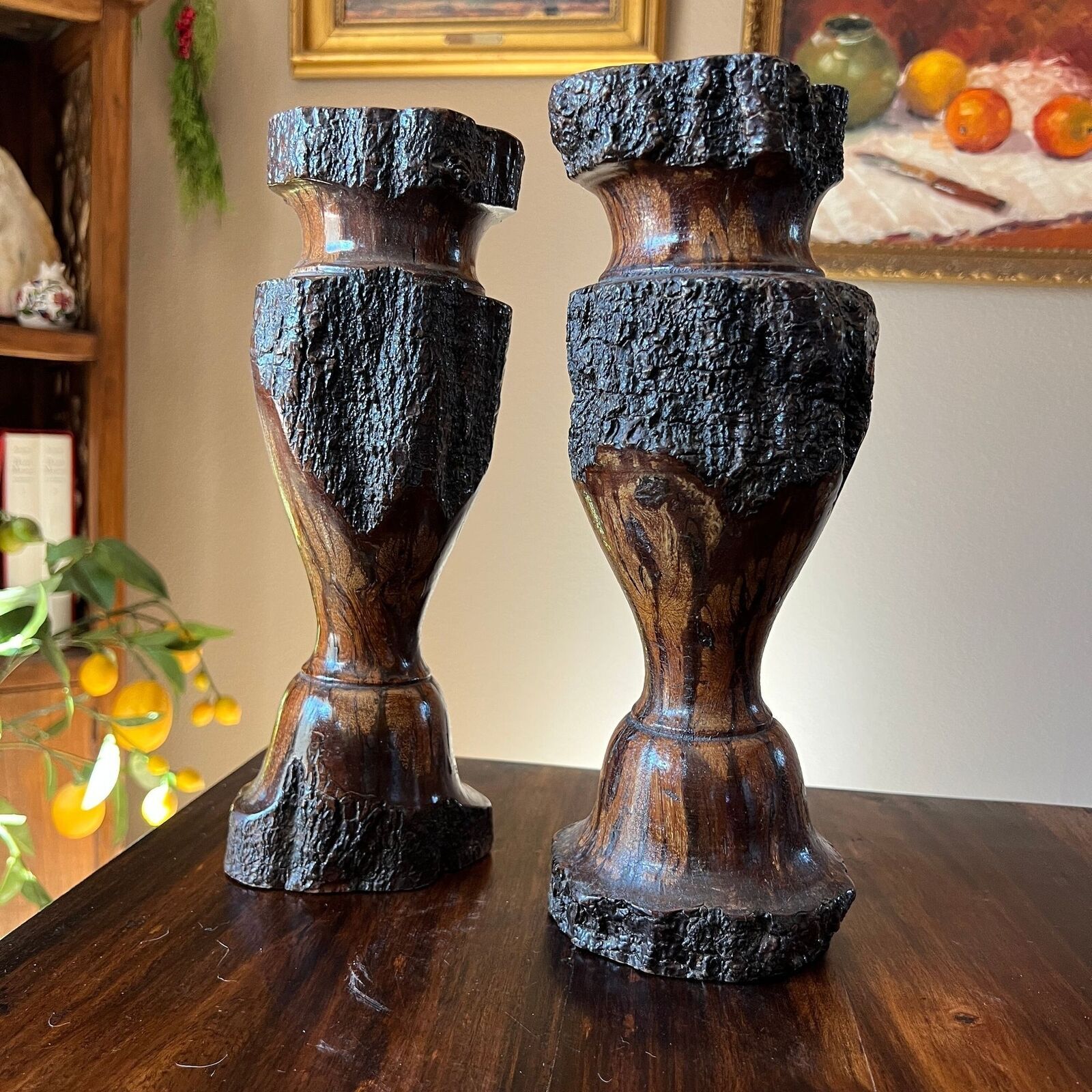 Chrysanthemum Wooden Candle Holders Large Set Bohemian Woodsy Cabin Lodge Decor