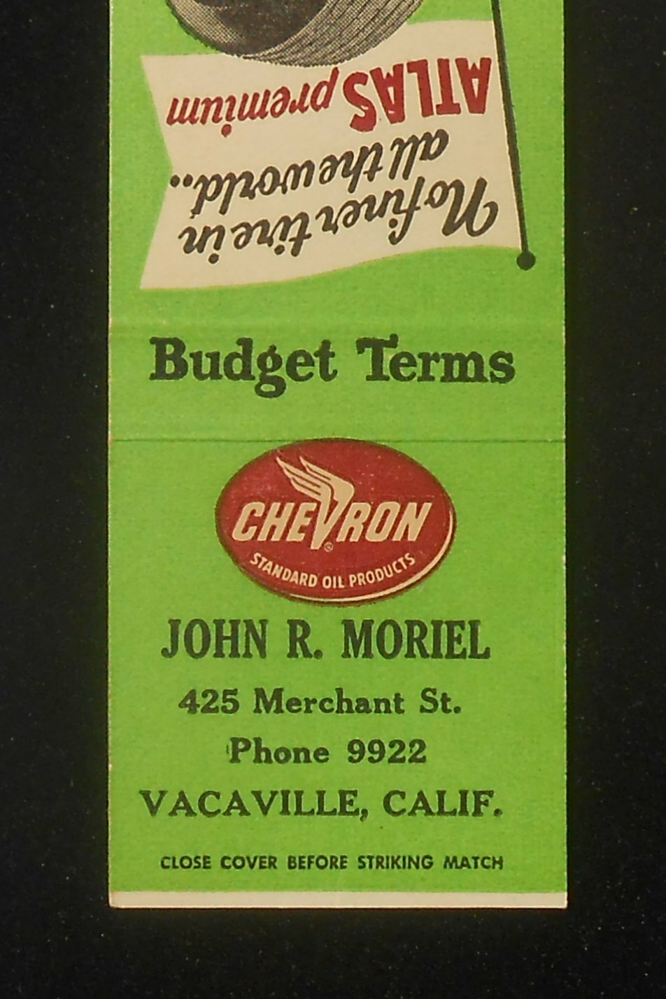 1940s? Chevron Gas Station Atlas Tires John R. Moriel Phone 9922 Vacaville CA MB
