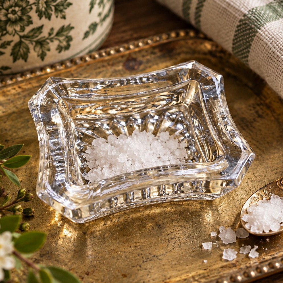 Clear Pressed Glass Open Salt Cellar Starburst Rectangular Small 2 in