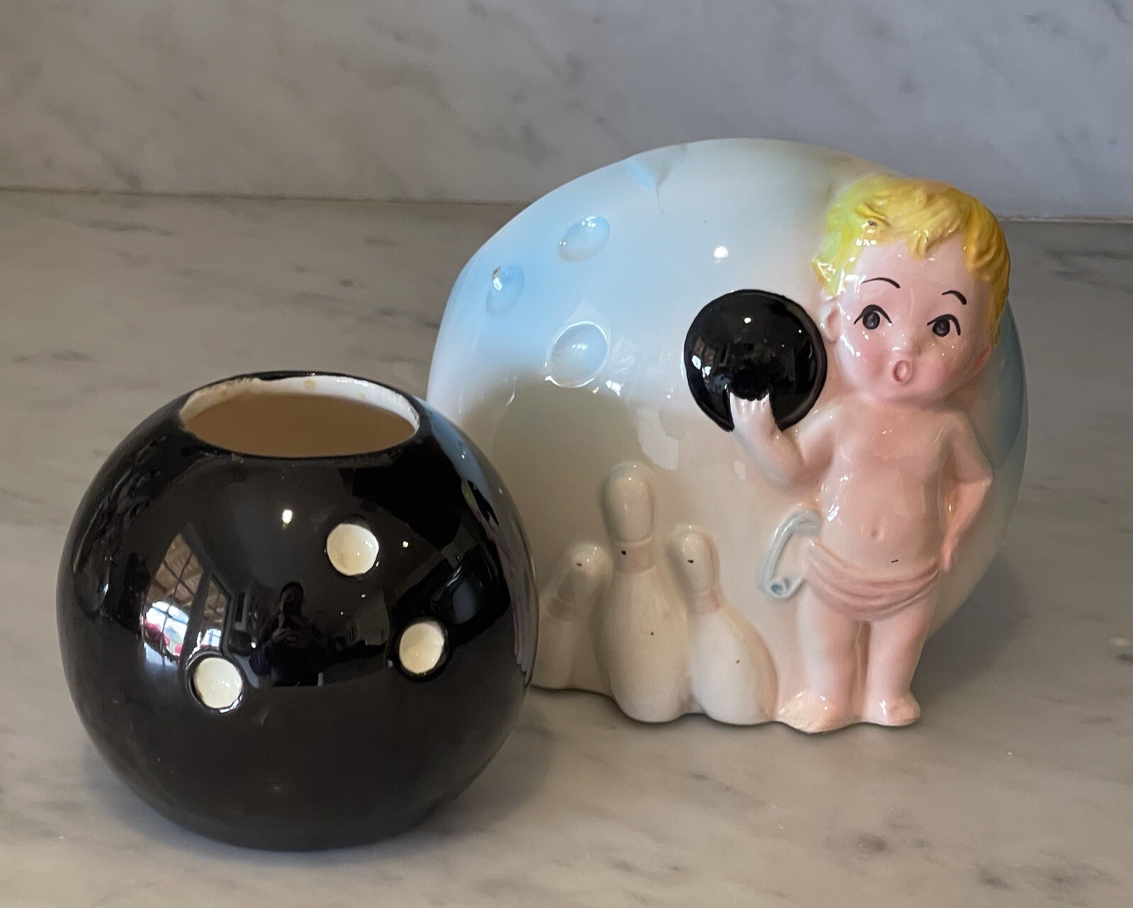 Vintage Inarco Japan Hand-Painted Ceramic Bowling Baby and Bowling Ball Planters Vintage Inarco Japan Hand-Painted Ceramic Bowling Baby and Bowling Ball Planters