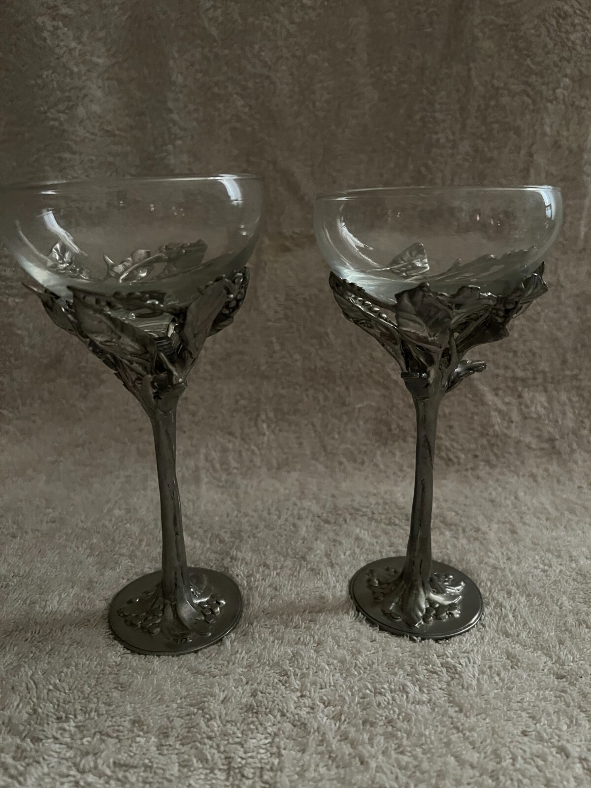 CASTOR COOPER PEWTER FOOTED STEMS (pair) wine water glass CASTOR COOPER PEWTER FOOTED STEMS (pair) wine water glass