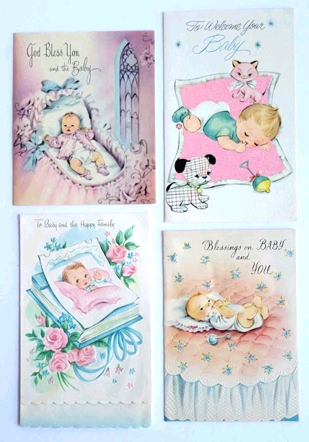 Lot 4 Vintage Baby Congratulations Cards 1960s 1-Glitter Used Sweet Images