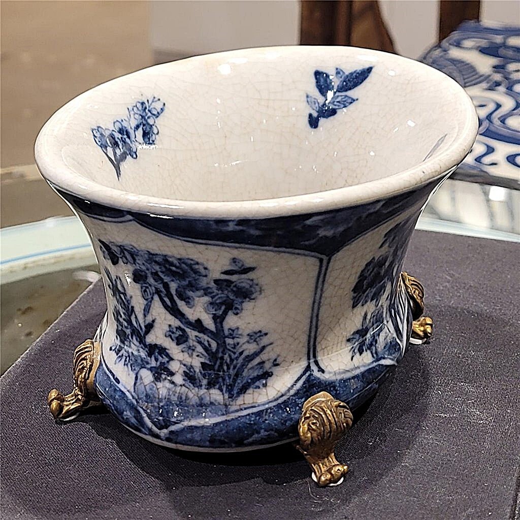 Blue, White Chinoiserie Porcelain Planter. Bronze Accents. Hand Painted (6”L)