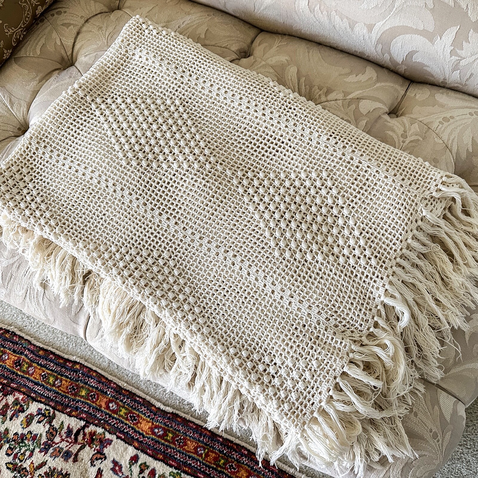 Hand Crochet TWIN Bedspread, White Diamond Pattern, c. 1940s, 77\