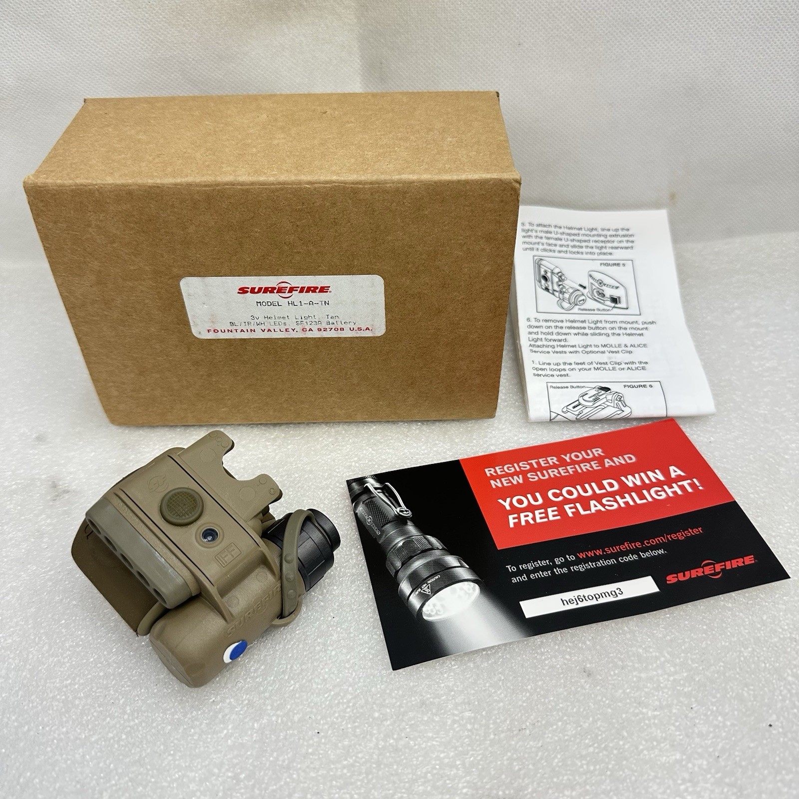 Surefire Model HL1-A-TN Helmet Mounted Light Blue/White IR IFF Beacon NOS USMC