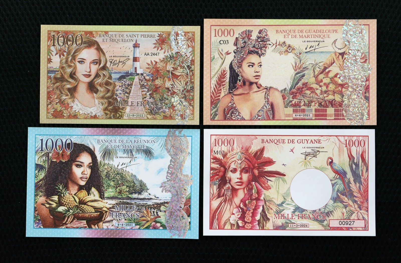 1000 Francs Set 4 Pcs, 2021-2024 Fantasy Note, Private Issue Polymer