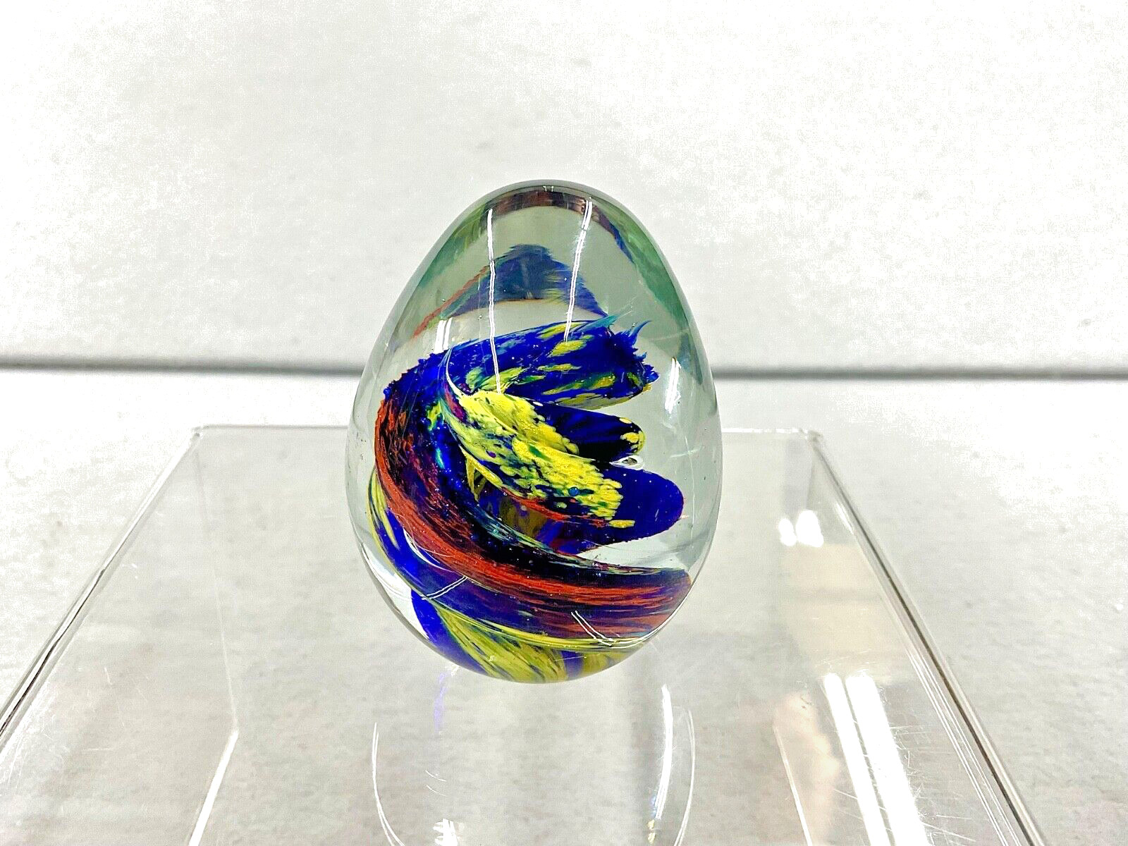 Handblown Art Glass Egg Multi-Color Swirls Paperweight Vintage