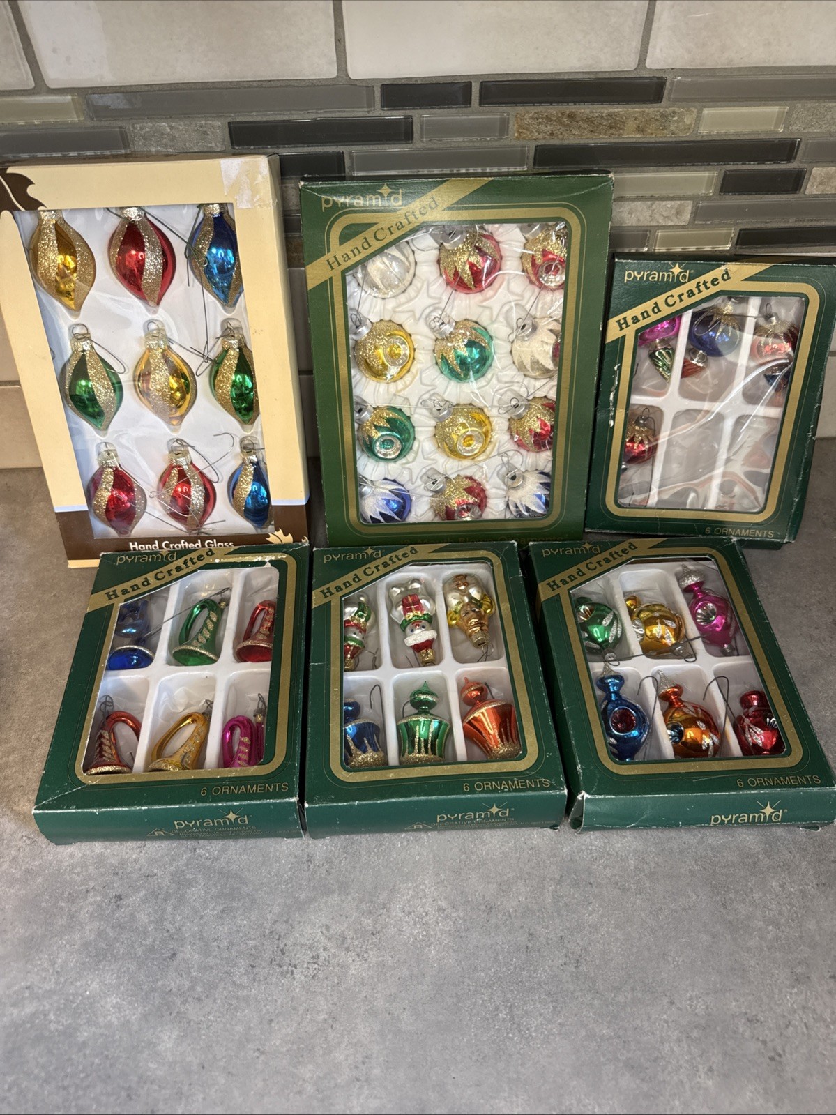 6 Boxes Vintage Pyramid Christmas Ornaments Original Boxes Indents Mica Free S/H
