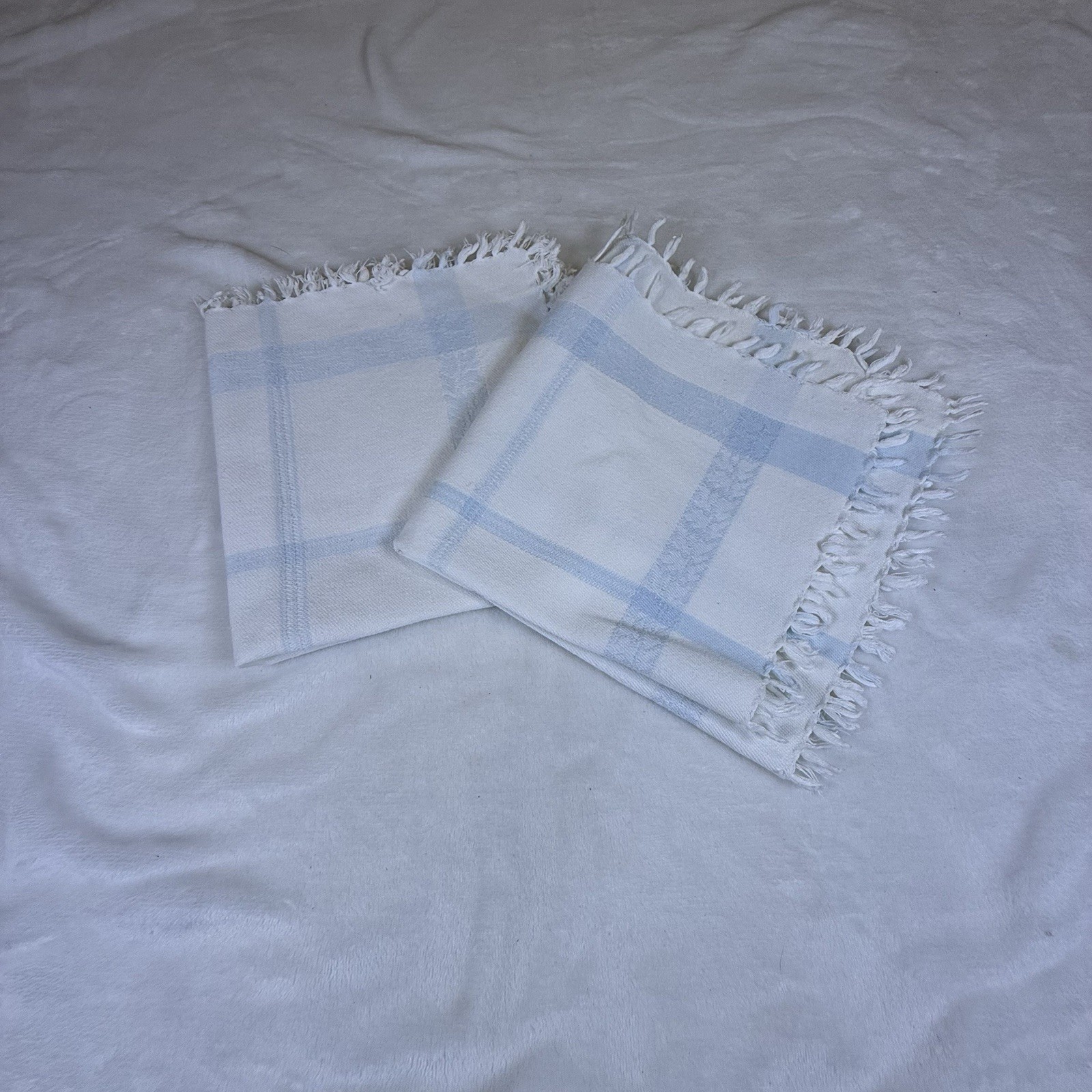 Vintage Blue White Plaid Woven Placemats Set of 2 Fringe Table Linens 16x16