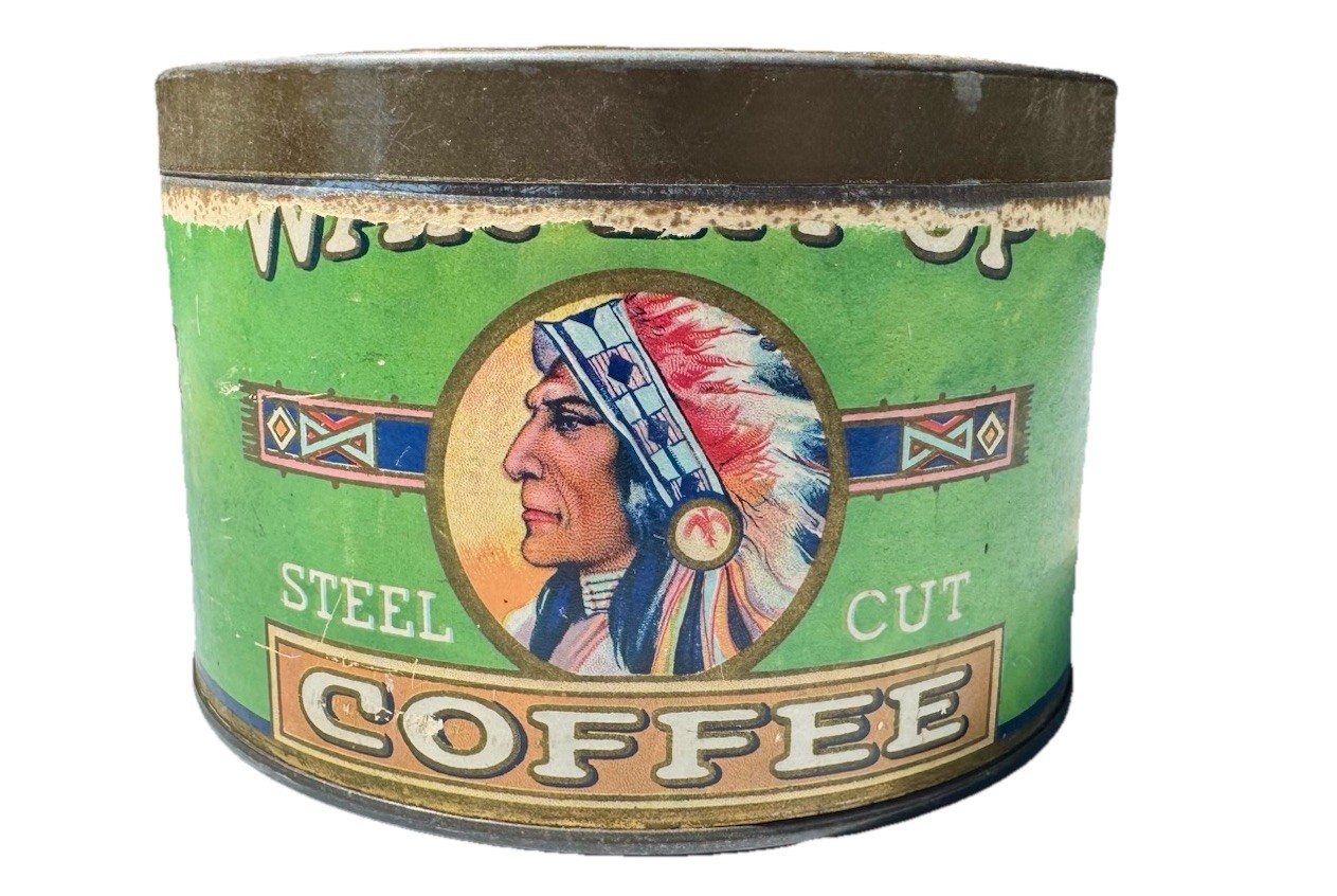 VINTAGE VERY RARE 1 POUND WAK EM UP COFFEE TIN CAN WITH INDIAN CHIEF DULUTH, MN
