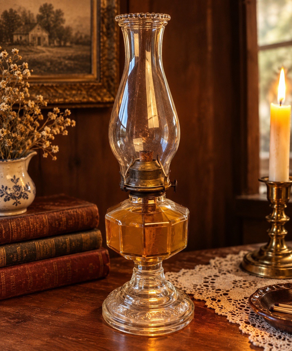 Vintage Amber Glass Oil Lamp Clear Embossed Base Kerosene Chimney 18\
