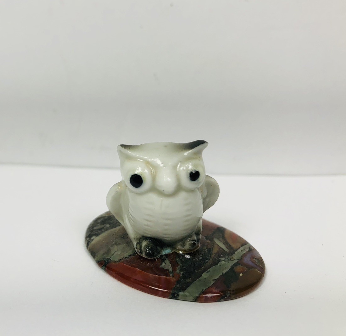Small Ceramic Owl Figurine On A Jasper Stone Base Vintage 1960’s MCM Trinket