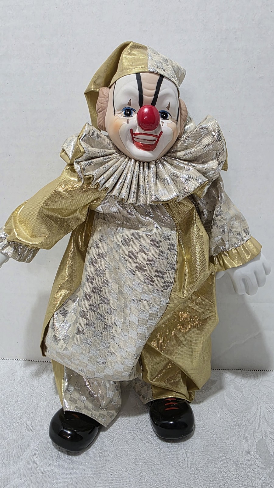 Vintage Victoria Impex Musical Clown Doll Jester Gold Silver Porcelain Wind Up