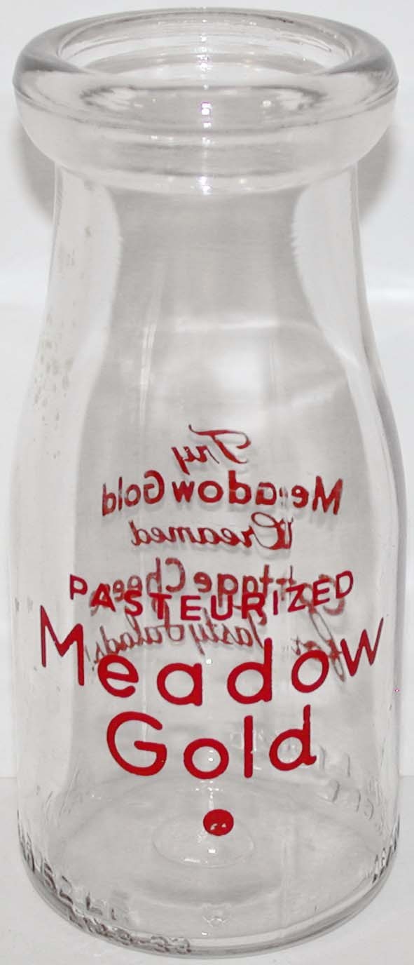 Vintage milk bottle MEADOW GOLD Try Creamed Cottage Cheese 1945 pyro half pint