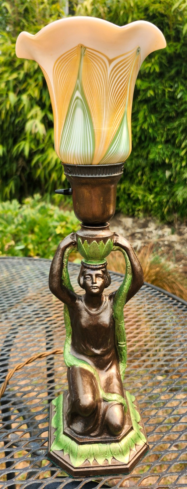 Antique Art Nouveau Egyptian Revival Spelter Lamp Pulled Feather Lundberg Shade
