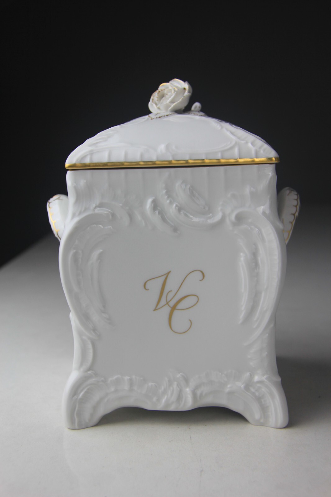 KPM Berlin Porcelain Canister Jar with Rose Finial Lid  Monogrammed