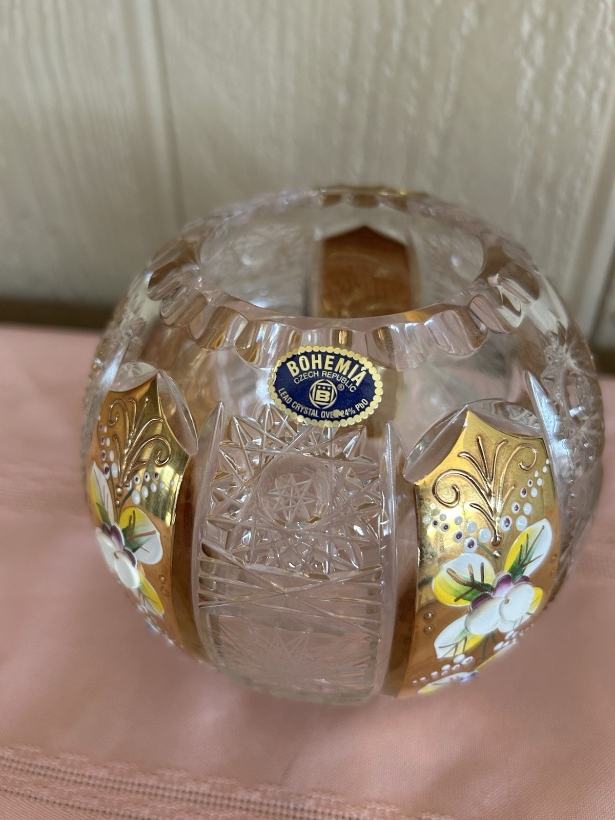 Vintage Bohemian Czech 24%PbO Lead Hand Cut Crystal Bowl Gold /Colorful Flowers 