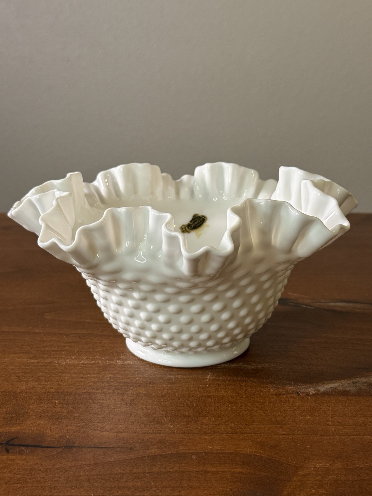 VTG White Milk Glass Hobnail Crimped Ruffled Edge Large Dish Bowl 4.5”T 9”W MCM