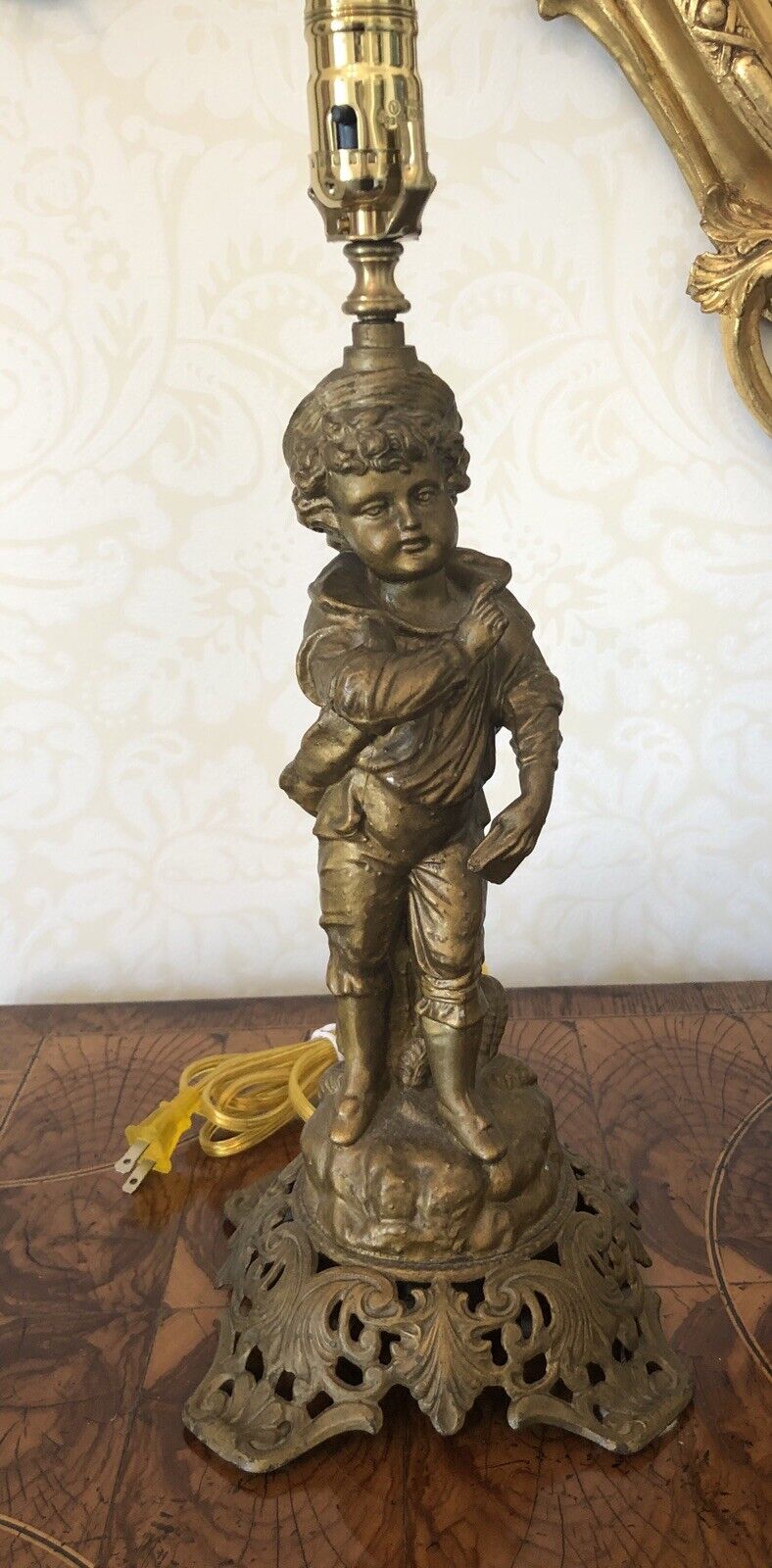 SALE  Antique Figural Table Lamp Boy Gold Iron Sculpture Newly Wired
