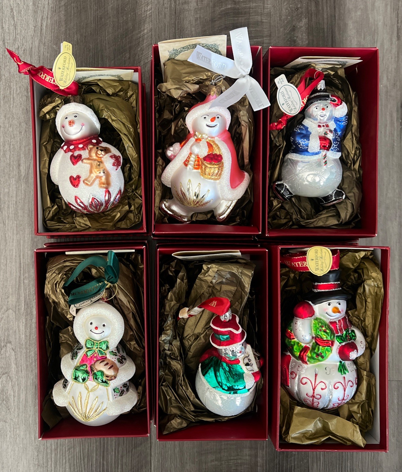 Lot Of Six Waterford Holiday Heirlooms Snowman Christmas Ornaments W/Box + COA Lot Of Six Waterford Holiday Heirlooms Snowman Christmas Ornaments W/Box + COA
