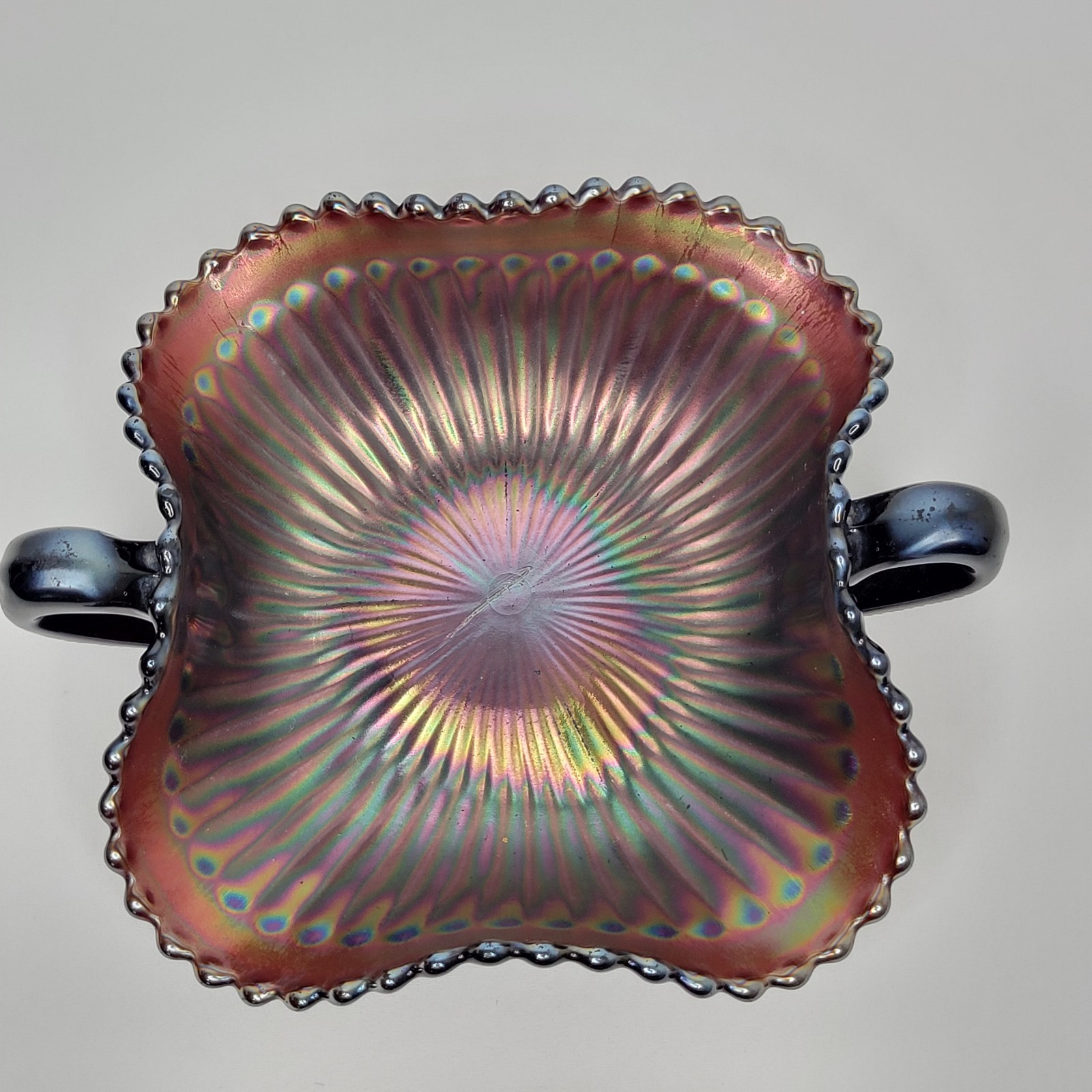 Northwood Stippled Rays Amethyst Carnival Glass Double Handle Bon Bon Dish