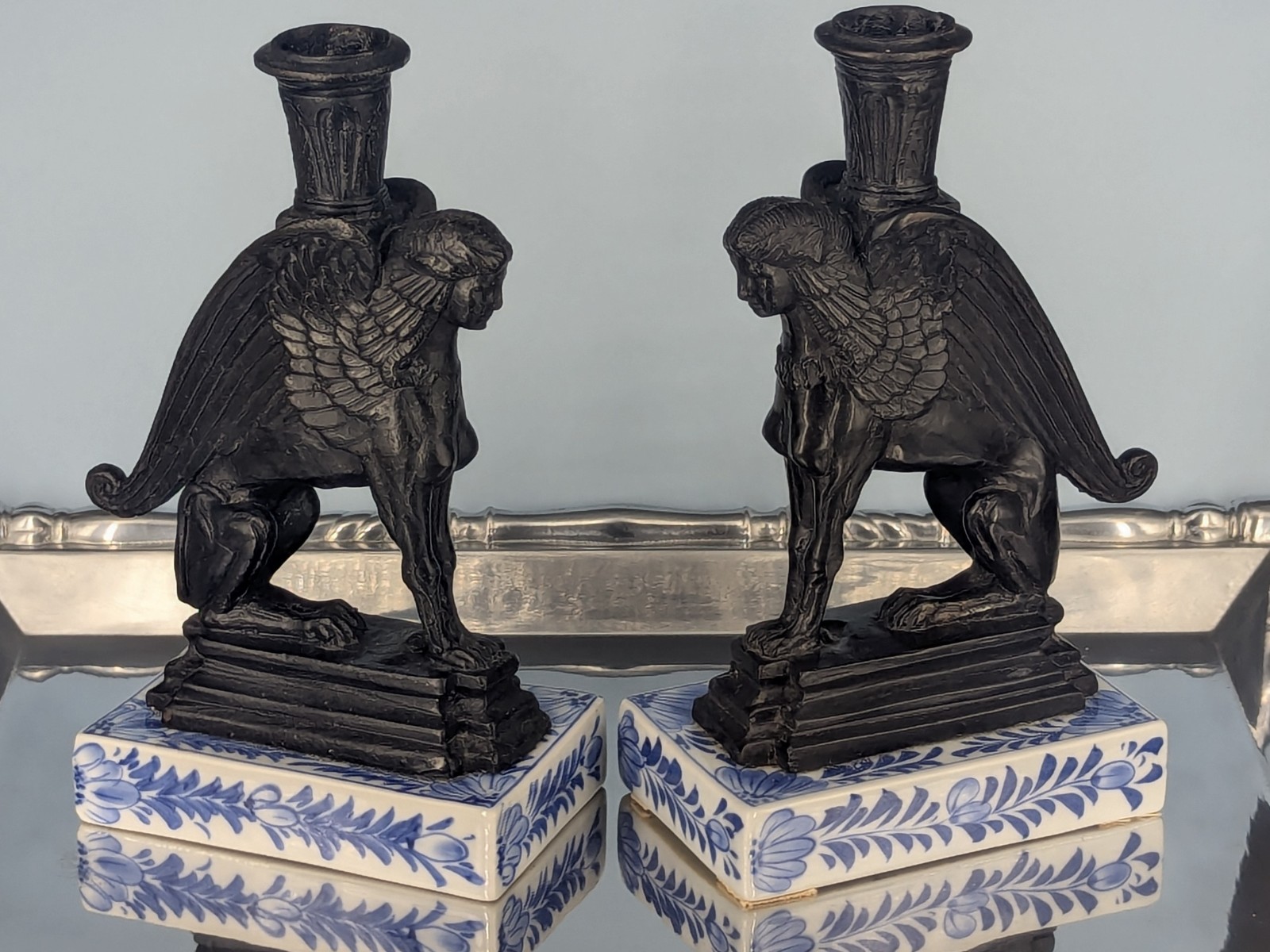 Maitland Smith Attr. Griffin Bookend Candle Holders Cast Bronze Porcelain Bases