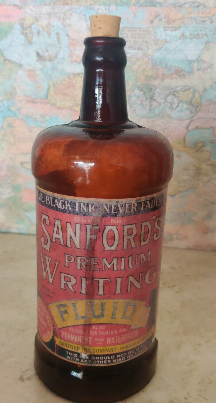 Vintage Sanford’s Premium Writing Fluid Fountain Pen Blue Black Qt Bottle A2 T4