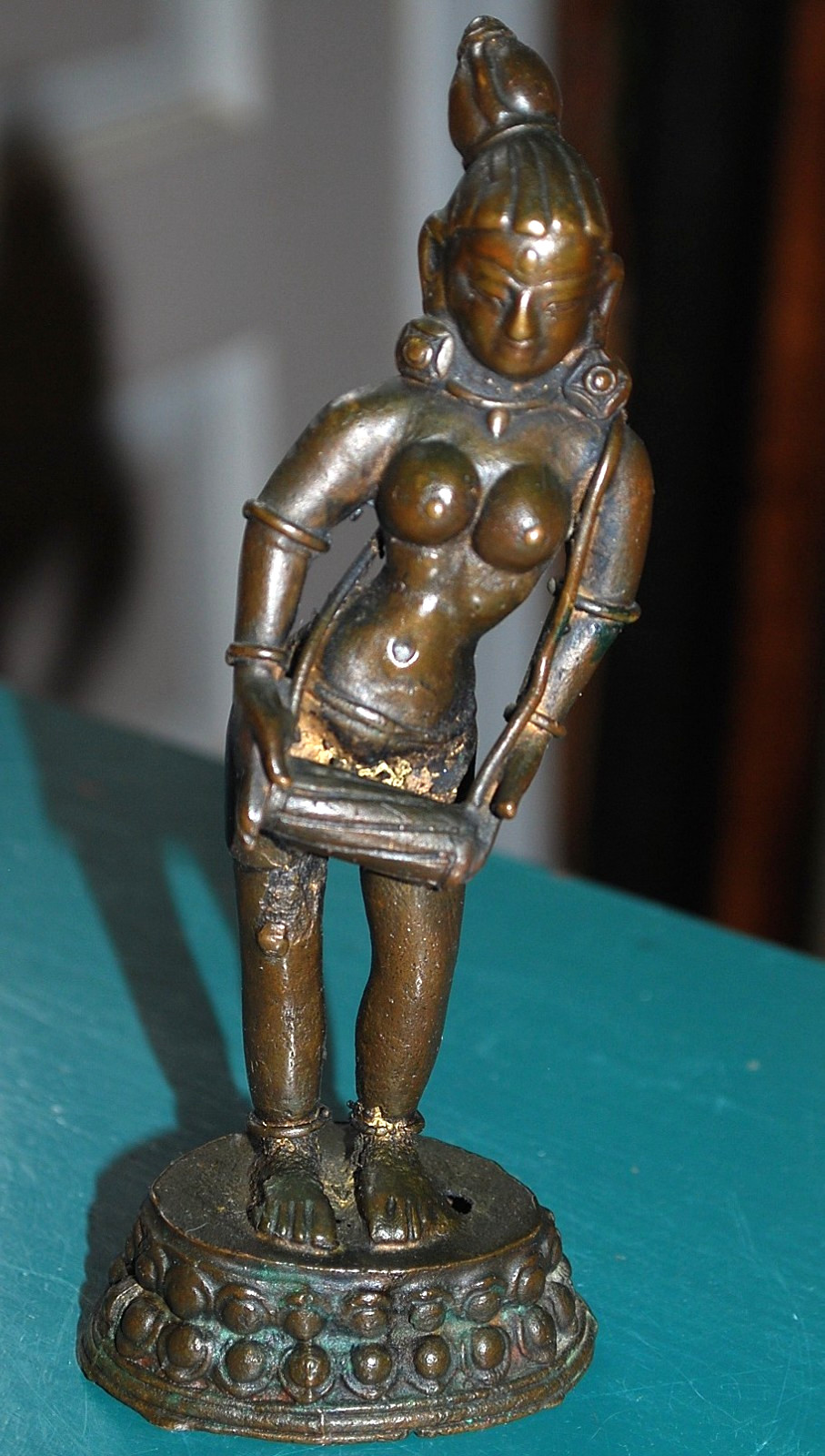 Vtg BRONZE STATUE FIGURINE Handmade India NUDE WOMAN MUSICIAN 6\