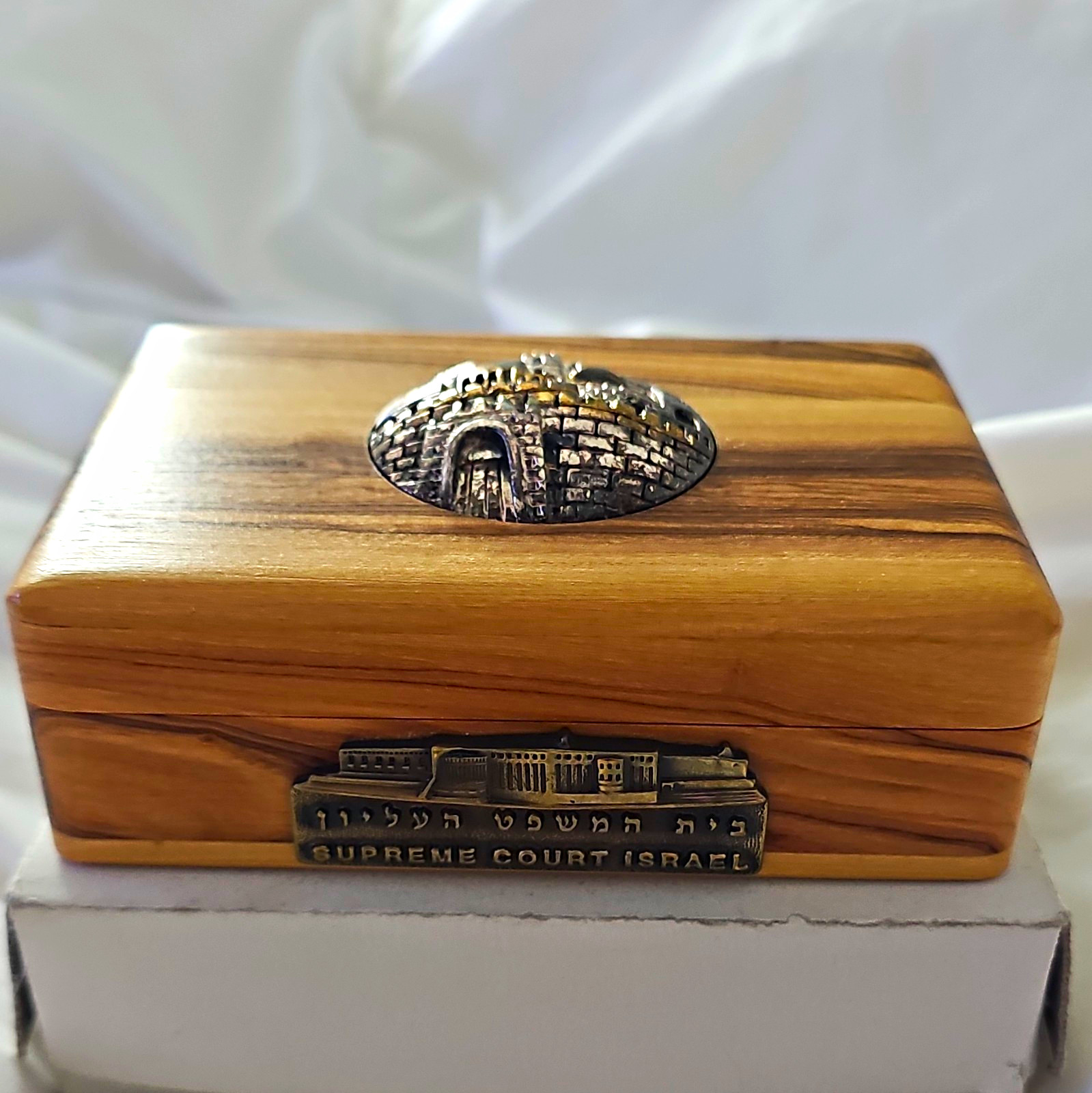 A. Klein Handmade Olive Wood Jewelry Box w/ Lid Metal Plaques Jerusalem A. Klein Handmade Olive Wood Jewelry Box w/ Lid Metal Plaques Jerusalem