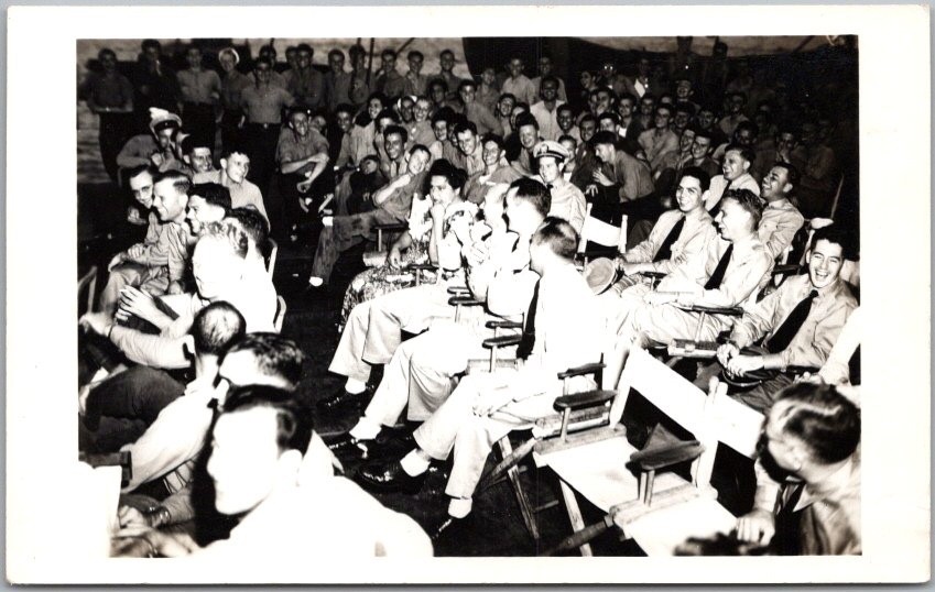 c1940s U.S. Military RPPC Real Photo Postcard Woman Surrounded by Navy Sailors