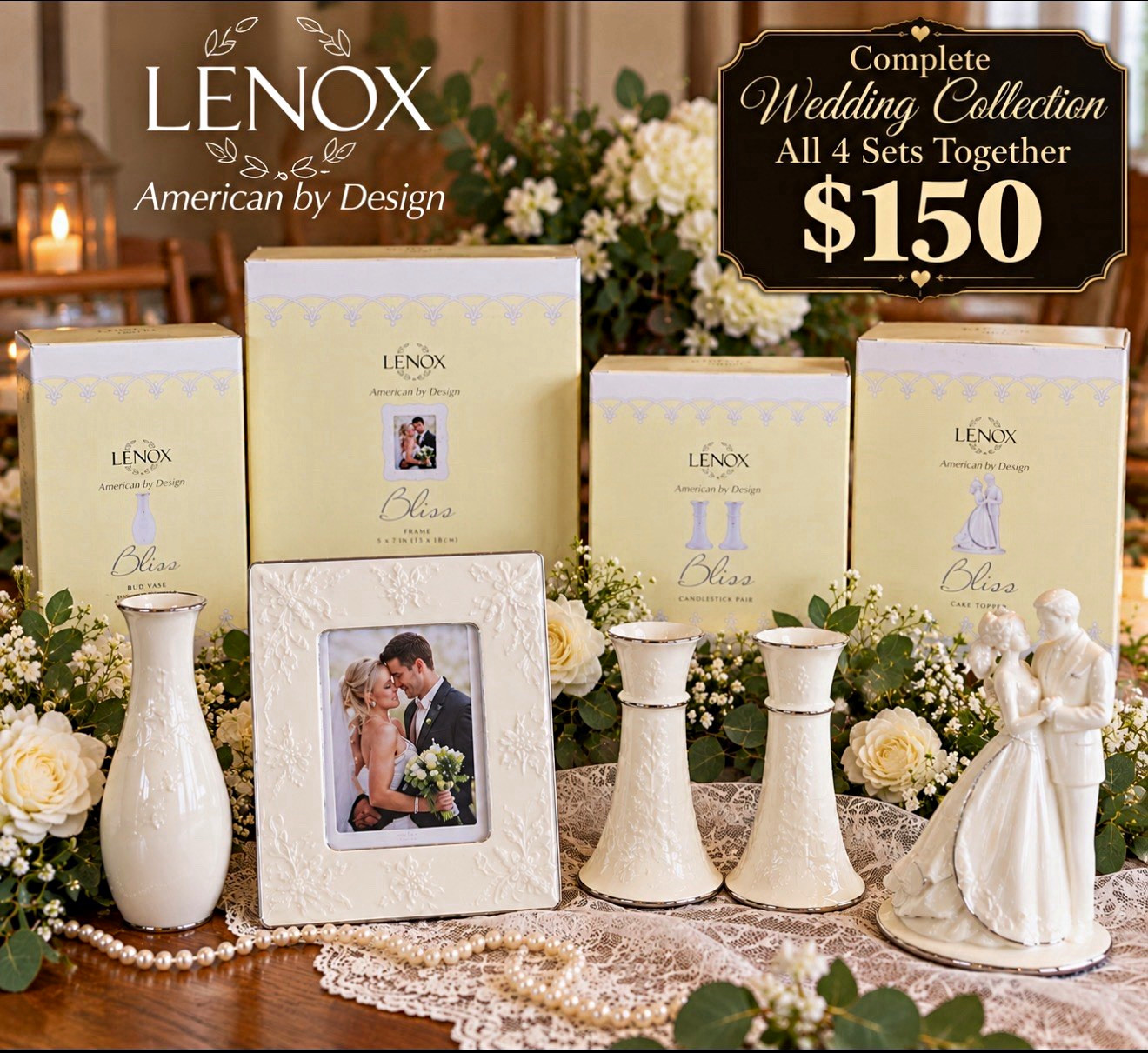 Lenox Bliss 5x7 Porcelain Photo Frame White Wedding Ornate Floral Portrait