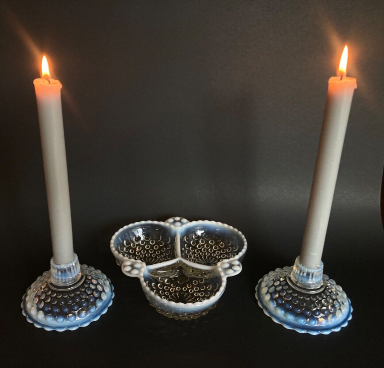Vintage Fenton White Opalescent Moonstone Candle Holders &Relish Dish
