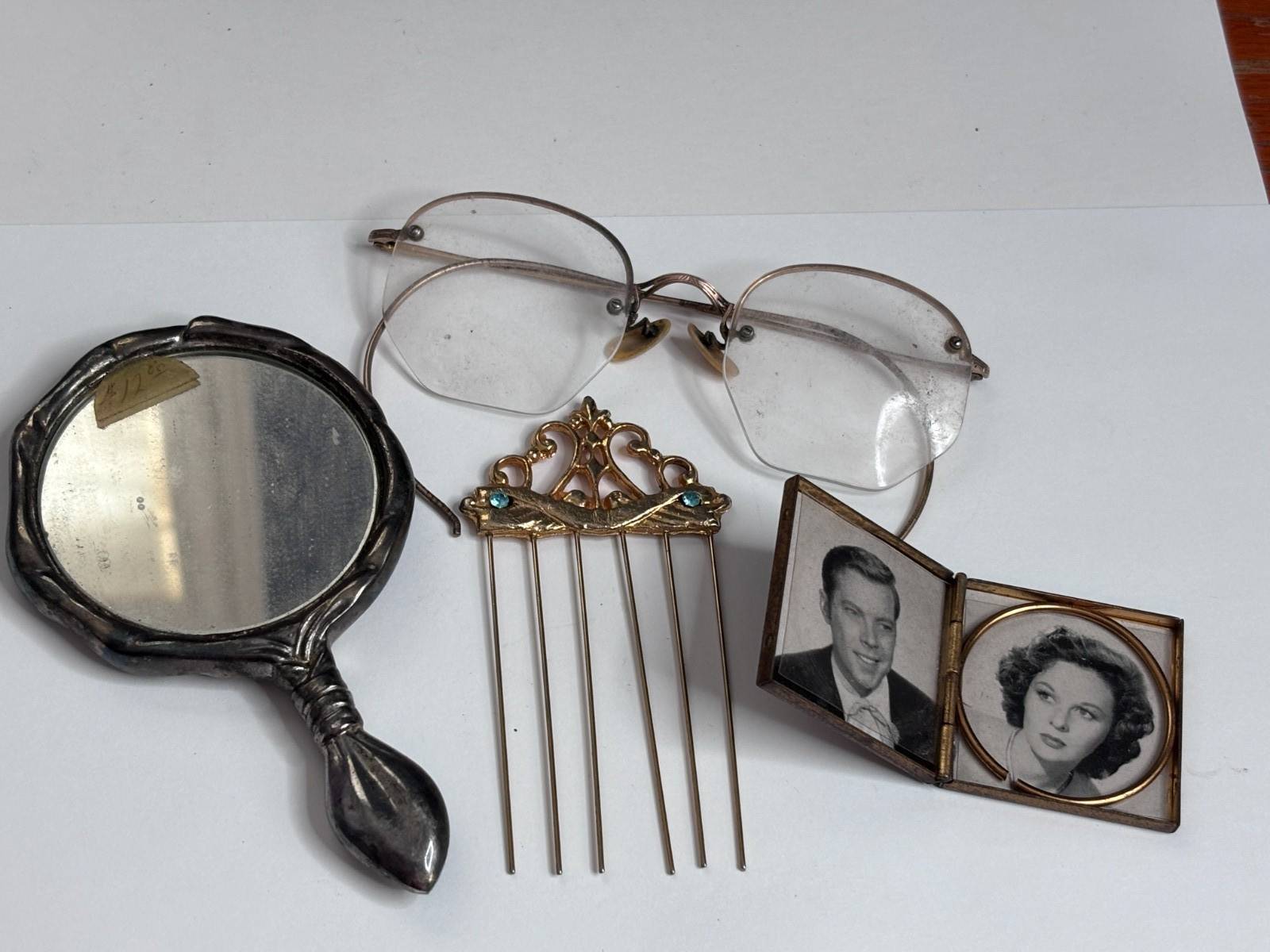 Vintage Grandma's Vanity Drawer 12K GF Spectacles, Hand Mirror, Hair Pin, Frame Vintage Grandma's Vanity Drawer 12K GF Spectacles, Hand Mirror, Hair Pin, Frame