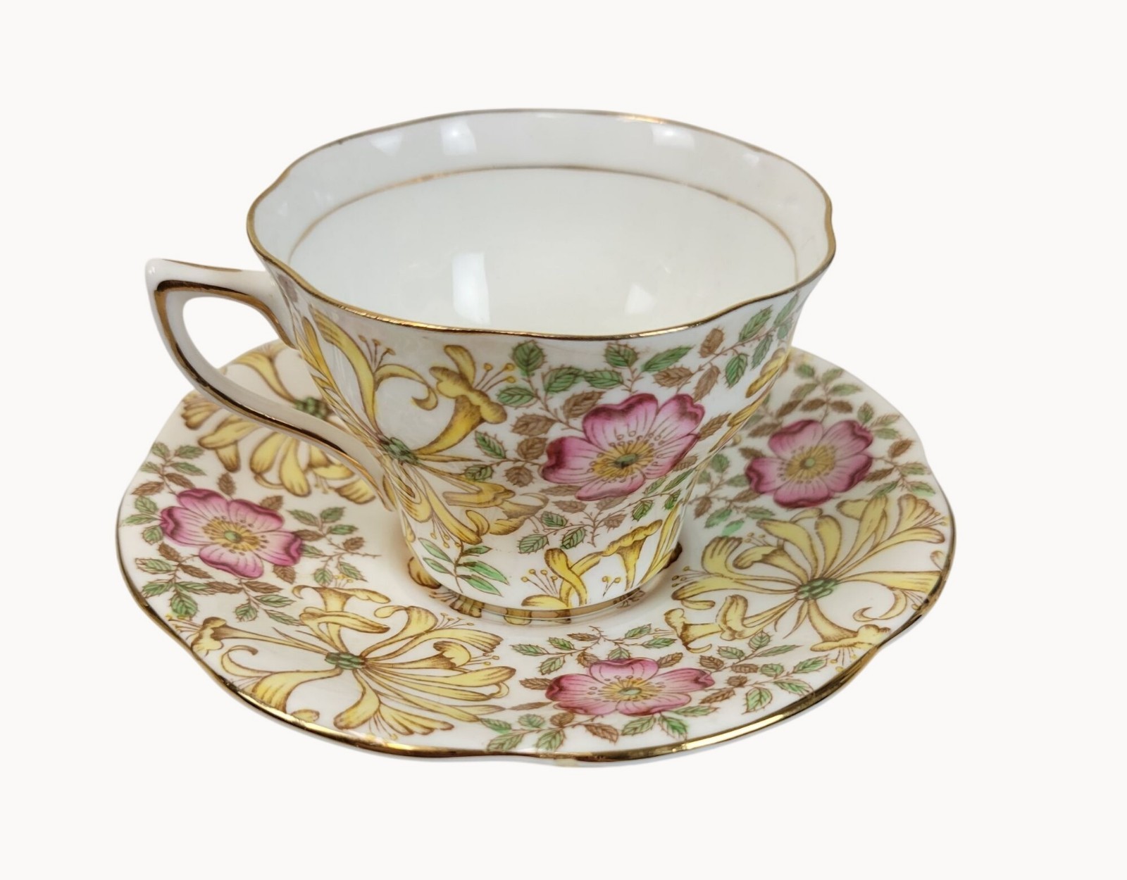 Bone China Rosina England White Yellow/Red Floral Rose Gold Trim Tea Cup Saucer Bone China Rosina England White Yellow/Red Floral Rose Gold Trim Tea Cup Saucer