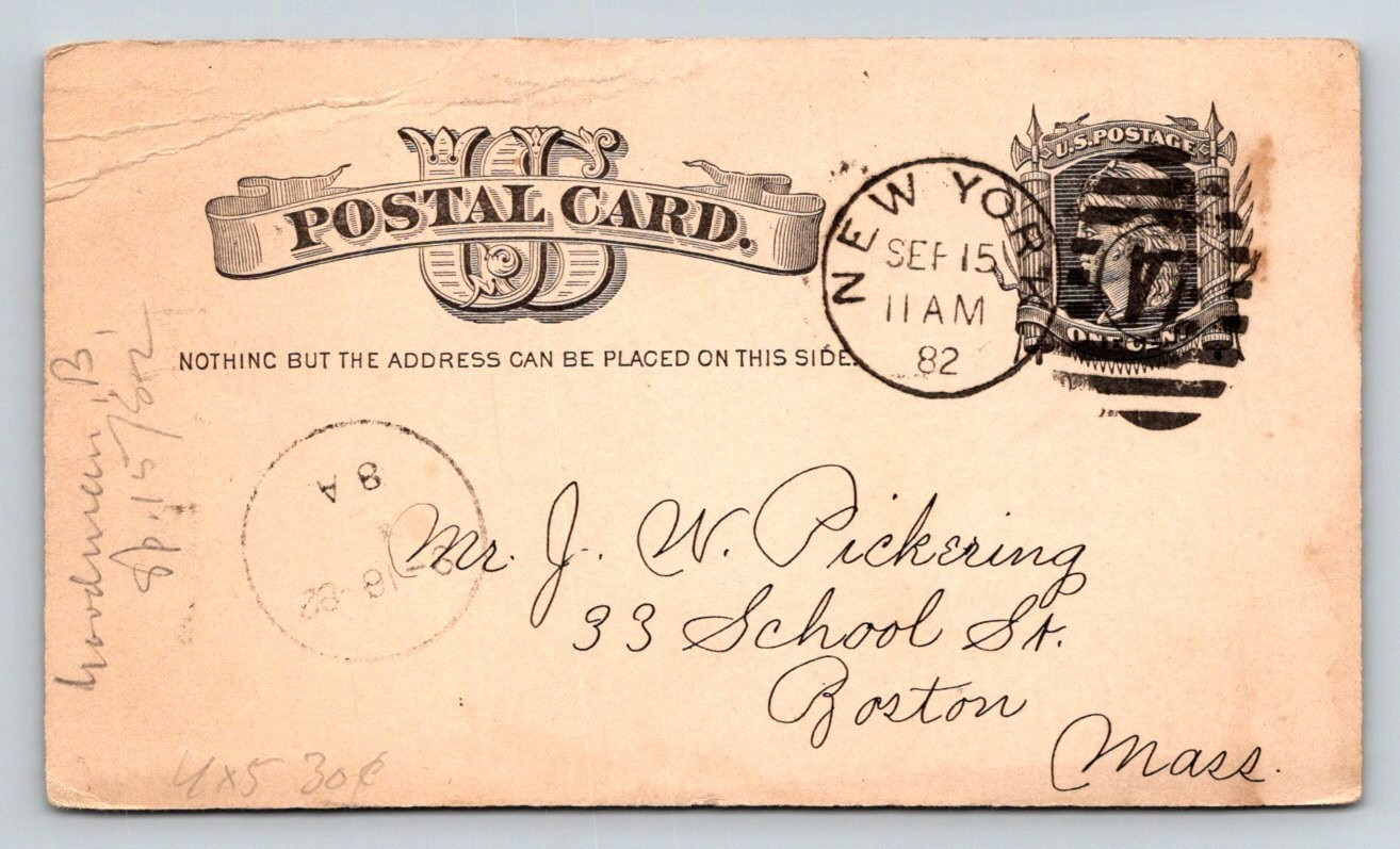 1882 US Postal Card New York to Boston Antique Postcard Handwritten Message