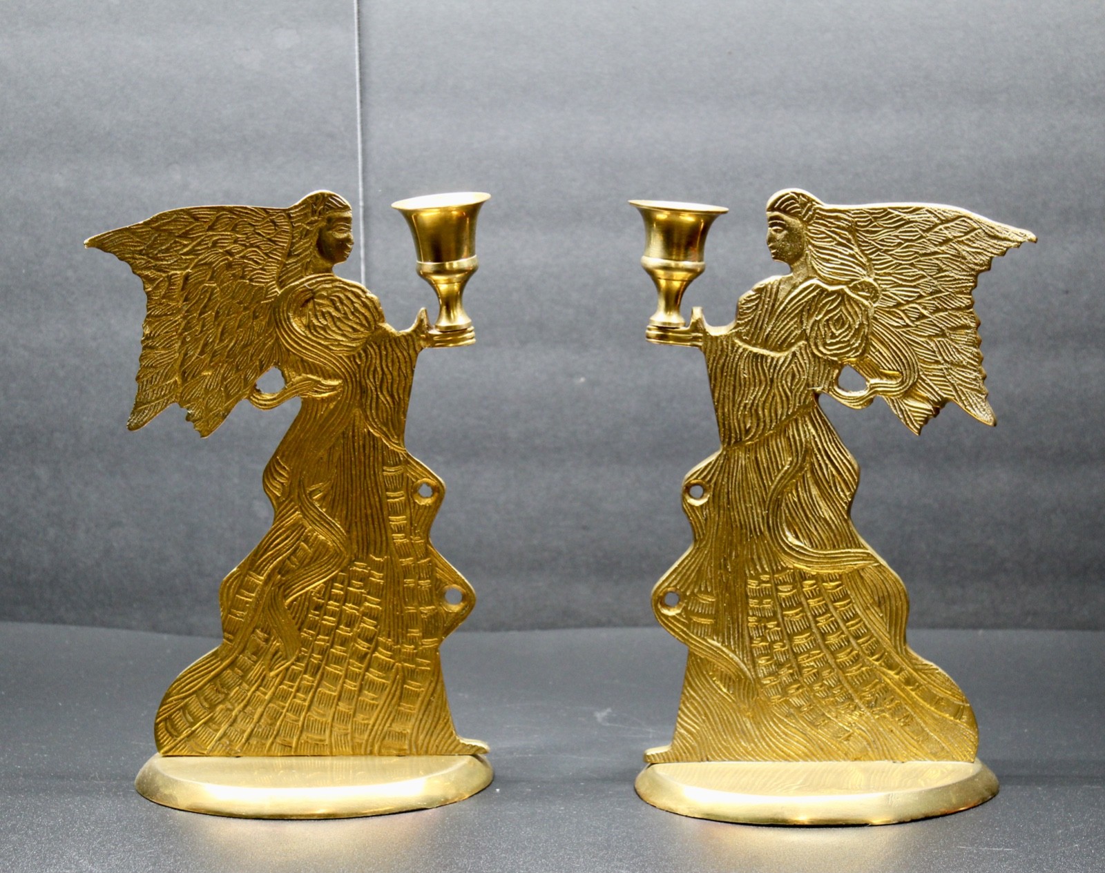 vintage pair (2) solid brass angel taper candle holders 9\