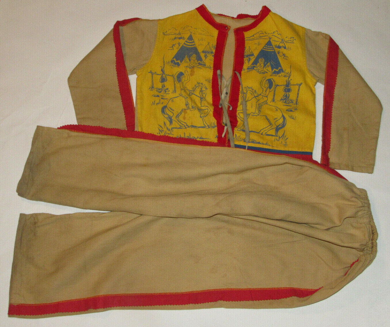 VINTAGE 1950s CHILD'S INDIAN HALLOWEEN COSTUME 2-PIECE GRAPHICS & RED FRINGE