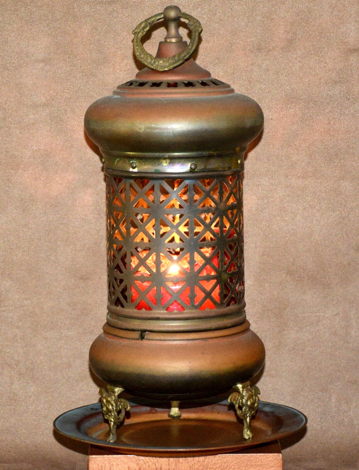 Vintage Punched Pierced Tin Brass Candle Lamp Lantern MCM Moroccan Arabian