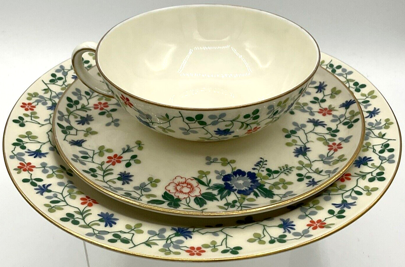 Vintage Konigl pr Tettau 3 Piece Teacup Saucer Luncheon Plate Set Floral Germany