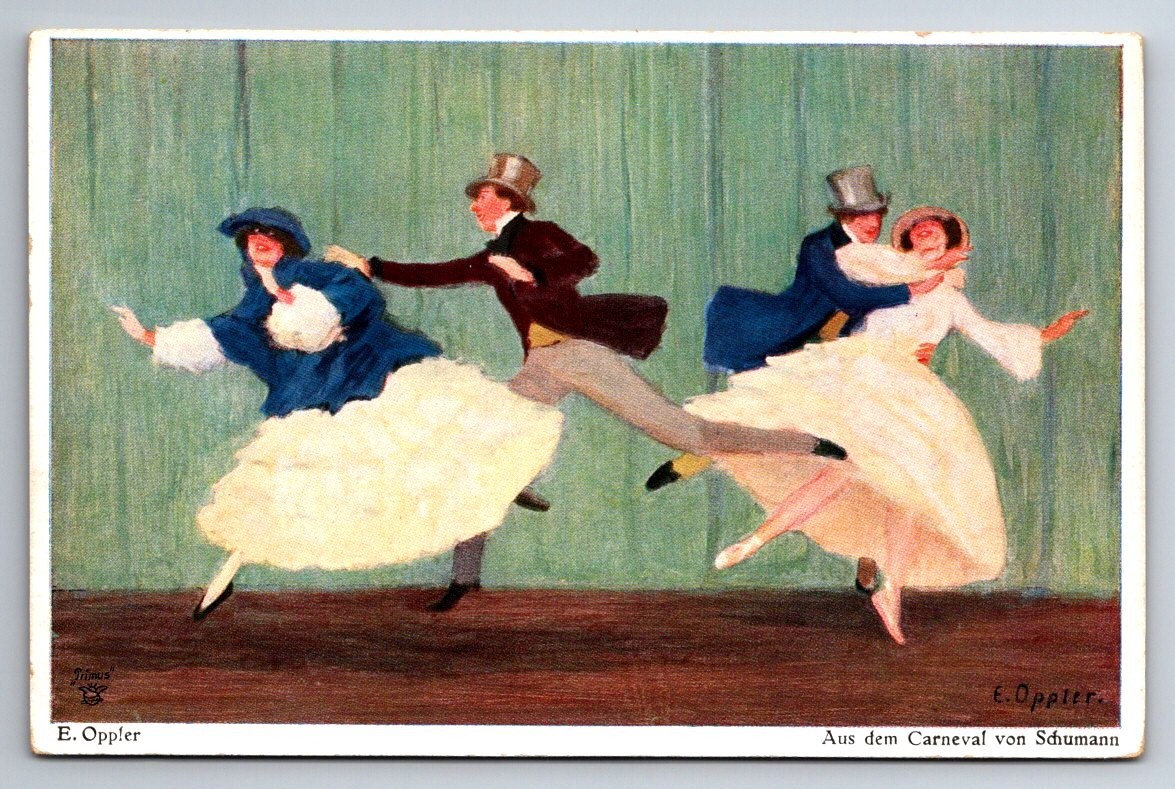 C1910 Vintage Postcard, Artist Ernst Oppler, Couples Dancing