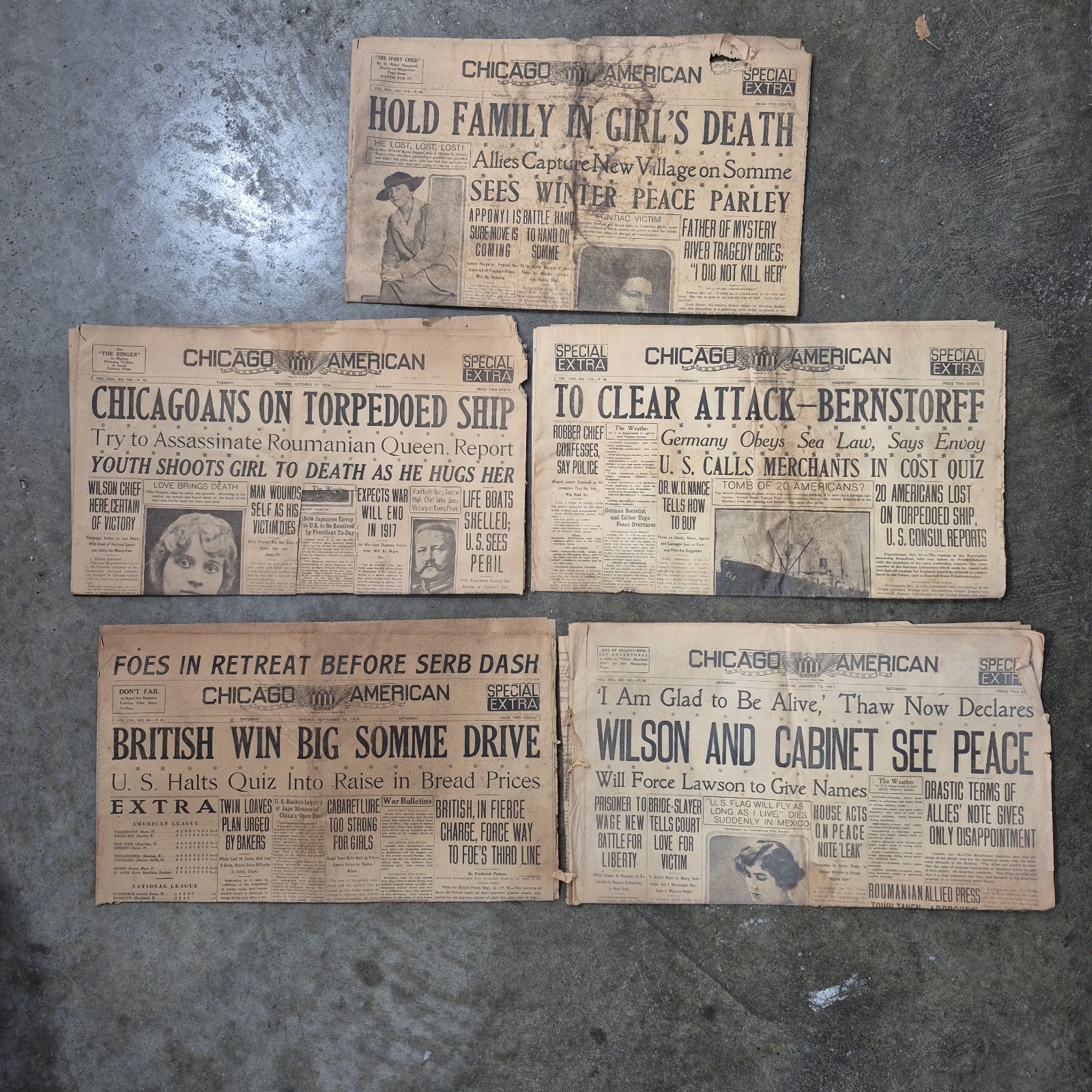 Old Antique Chicago’s American Newspaper Lot Of 5 1916 1917