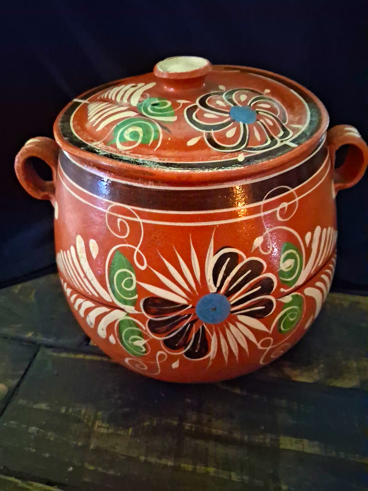 Vintage Mexican Redware Bean Pot. Hand Painted Floral Folk Art. Tonala,Mexico