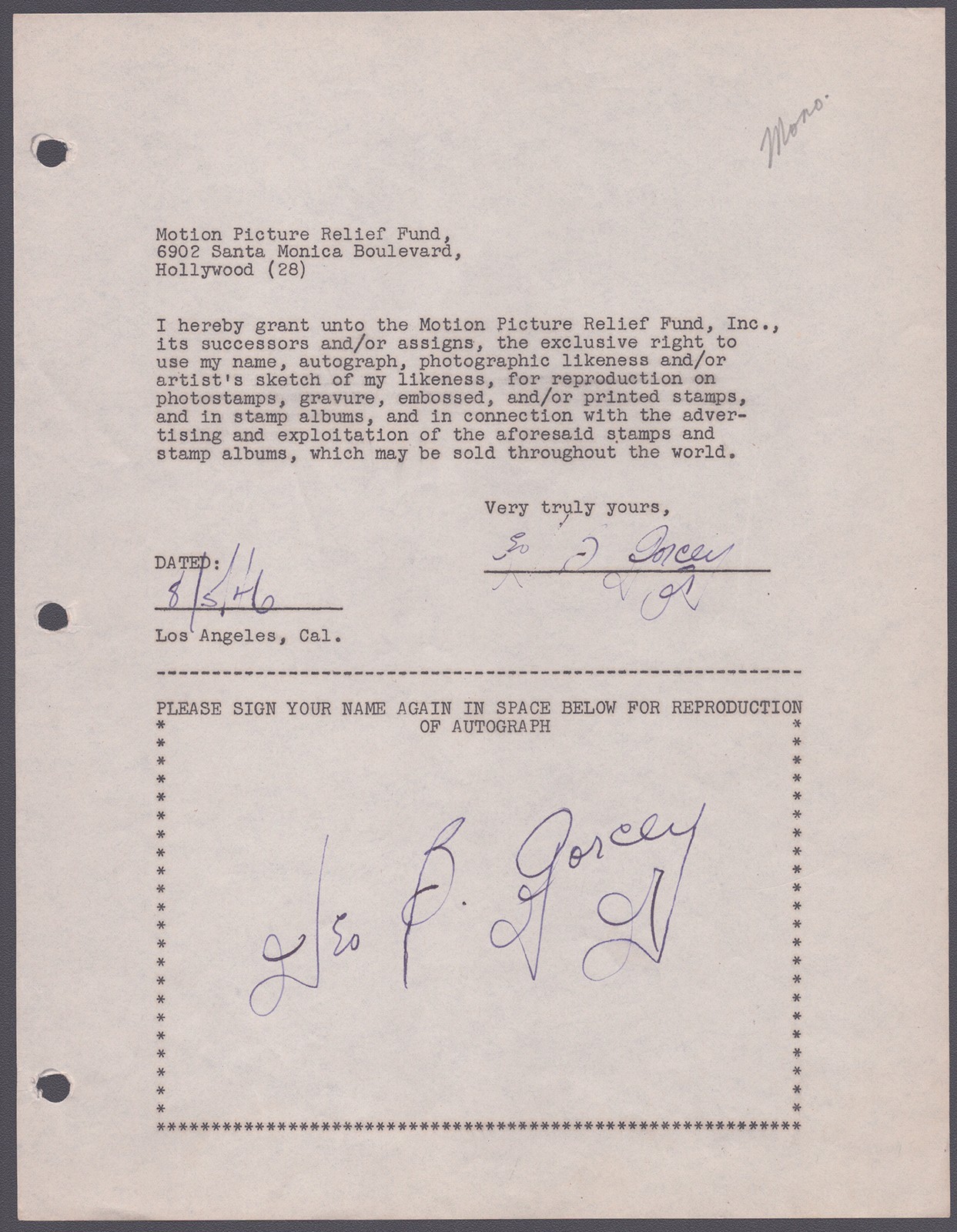 LEO B. GORCEY - DOCUMENT DOUBLE SIGNED 08/05/1946